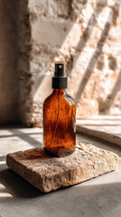 A brown glass spray bottle stands on a textured stone surface, illuminated by soft sunlight filtering through a window, creating warm shadows and a serene atmosphere