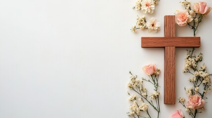 Wooden cross with flowers stock photo, easter religious background, faith hope love, christianity symbol