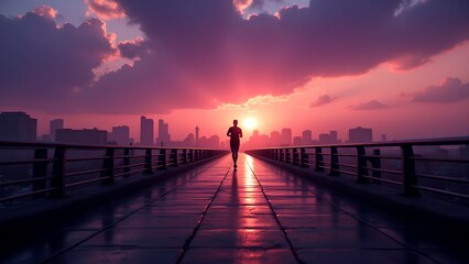 Fototapeta premium A silhouetted figure jogs along a pathway at sunset, surrounded by a vibrant sky and a city skyline.