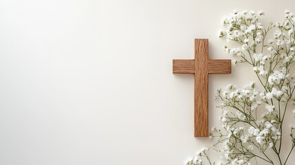 Christian cross with white flowers background for easter and religious themes stock photo image design