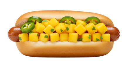 Preparing a Hot Dog with Mango Salsa and Jalapeno Slices