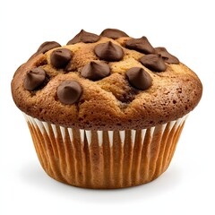 Delicious Chocolate Chip Muffin with Melted Chips and Golden Brown Crust on White Background