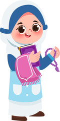 Joyful Young Girl in Hijab with Prayer Beads and Book