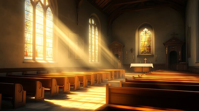 historic catholic church with sunlight beaming through window lighting the wooden pews capturing spiritual elegance worship interior and religious architecture