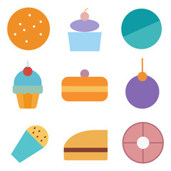 Flat vector icons depicting various sweets: cookies, cupcakes, pie, and a doughnut.