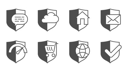 Security icons set with diverse symbols interacting with shield shape