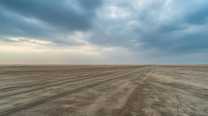 Naklejka premium Expansive barren landscape at dusk with dramatic clouds and distant horizon