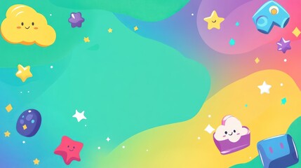 Colorful cartoon background with stars, clouds, and game controllers.