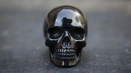 Polished black skull ring on dark stone