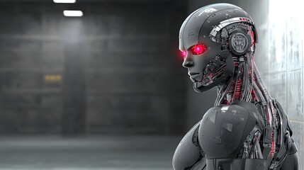Fototapeta premium Futuristic Robot Portrait with Glowing Red Eyes in a Minimalist Industrial Environment