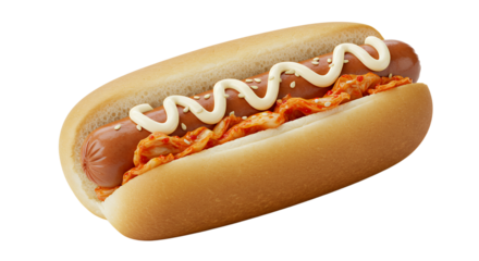 Hotdog with Kimchi and Mayonnaise Topping on a White Background