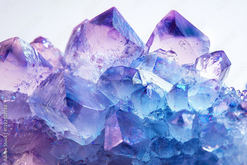 Poster a cluster of amethyst crystals with a beautiful purple and blue gradient color on a white background