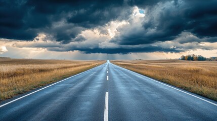 Naklejka premium Serene highway stretching through golden fields under dramatic stormy skies