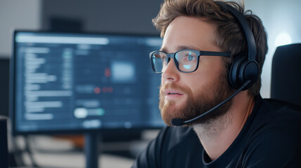 Technology support specialist wearing glasses and a headset, actively engaged in a customer call. A computer screen with program code is visible in the background.