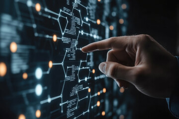 Person touching finger on screen with digital interface displaying colorful graphs and charts, symbolizing technology usage and data analysis.