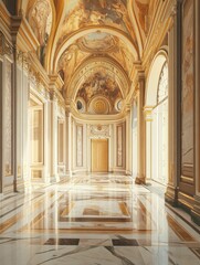 Fototapeta premium Ornate building interior with columns arched ceiling and marble floor.