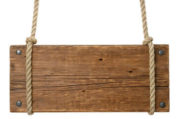 Rustic wooden sign hanging by ropes with metal rivets on a transparent background for text overlay