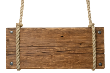 Rustic wooden sign hanging by ropes with metal rivets on a transparent background for text overlay