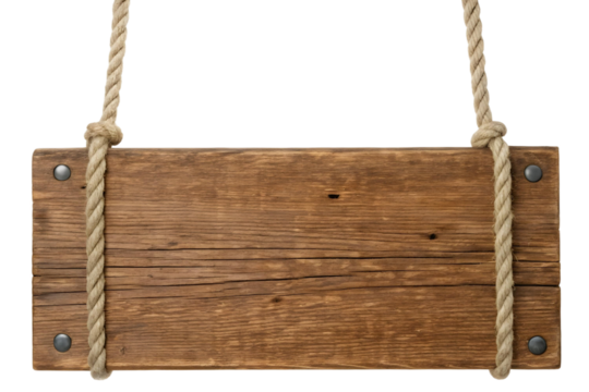 Rustic wooden sign hanging by ropes with metal rivets on a transparent background for text overlay