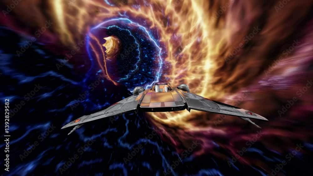 Wall mural dynamic space scene with a spaceship flying towards a swirling vortex. captured from a low angle, th