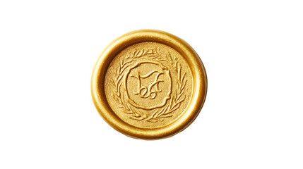 Circular golden wax seal with embossed design, slight shine,