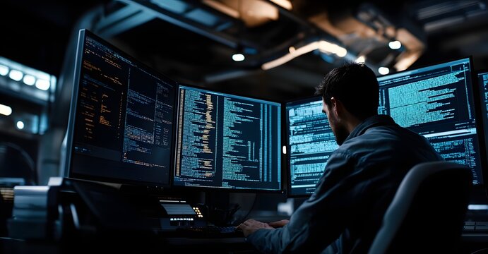 Close-up of a software developer coding on a computer in a dark office with multiple monitors displaying lines of code.