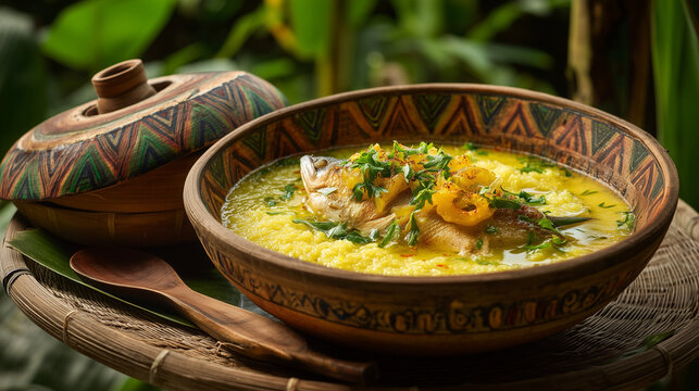 Papeda with ikan kuah kuning, sago porridge with yellow fish soup, served in traditional Papua dishware, lush green tropical background, indigenous ambiance, cinematic look