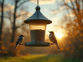 Two birds at feeder in autumn sunset forest.