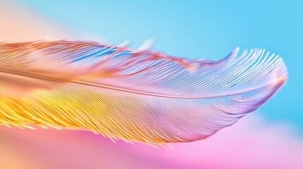 A microscopic feather drifting gently across a gradient background, ultra soft textures and high contrast light