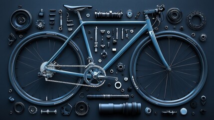 Arrangement of a blue bicycle with its dispersed spare parts on dark background