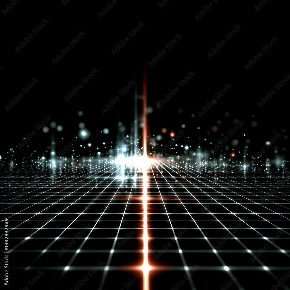 Poster Abstract Light Grid: Sci-Fi Landscape with Glowing Horizon and Data Stream Visuals on Dark Background