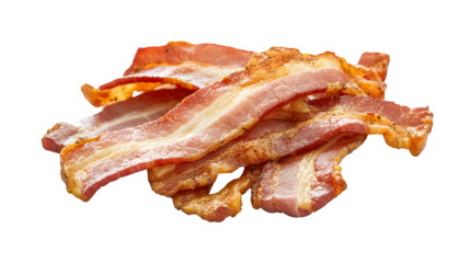 Crispy cooked bacon strips, golden edges,
