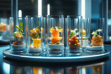 Gourmet appetizers displayed in clear glass cylinders on a rotating platform, showcasing culinary artistry and modern presentation, ideal for upscale events or restaurant promotion