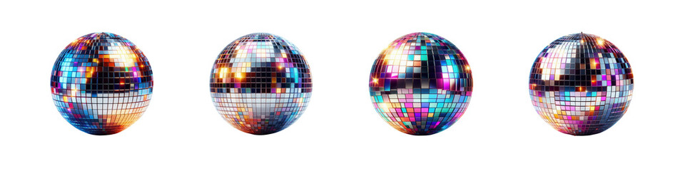 Set of Shiny disco balls with colorful reflections, isolated over on transparent white background