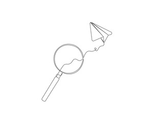 Continuous one line drawing of magnifying glass connect with paper plane. One line drawing illustration of paper plane with magnifying glass. Business ide concept single line. Editable outline