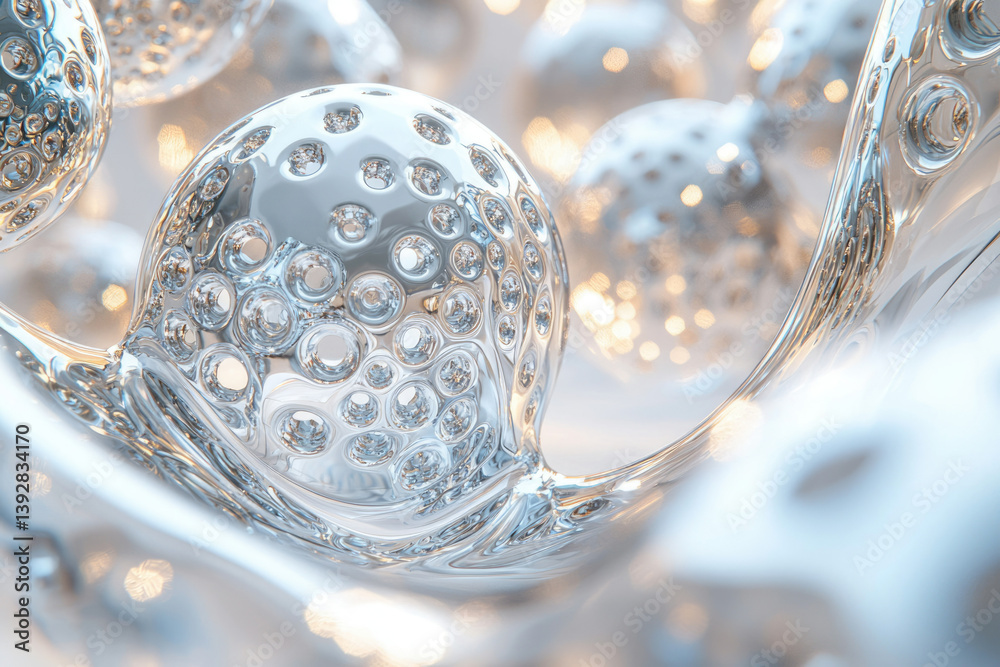 Poster close-up of shiny, textured silver spheres with refractive holes, creating a futuristic and elegant 