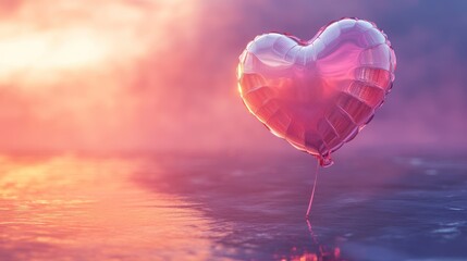 Fototapeta premium Pink heart-shaped balloon floats on calm water at sunrise.