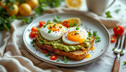 Styled breakfast scene with poached eggs on avocado toast, served with fresh sides.

