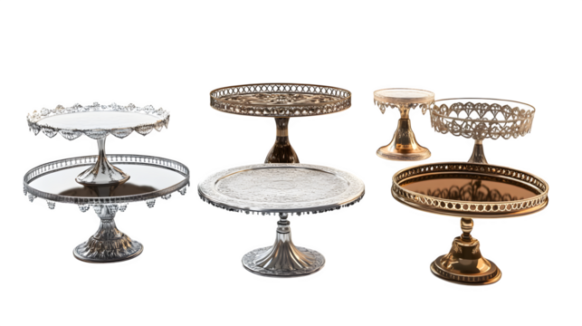 Different styles of cake stands in metal and glass,