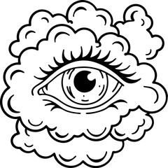Fototapeta premium Mystical eye surrounded by swirling clouds, abstract imagination concept in black and white