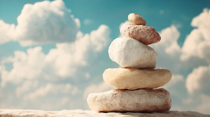 Stacked stones against a blurred sky background, showcasing balance and serenity, symbolizing peace, stability, and mindfulness, ideal for relaxation or meditation concepts