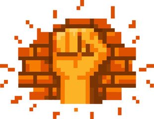 Fototapeta premium Pixelated fist breaking through brick wall symbolizing strength and power