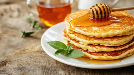 Picnic table setup Concept, Delicious Homemade Pancakes with Honey Drizzle Served on a Rustic Wooden Table Surrounded by Fresh Ingredients