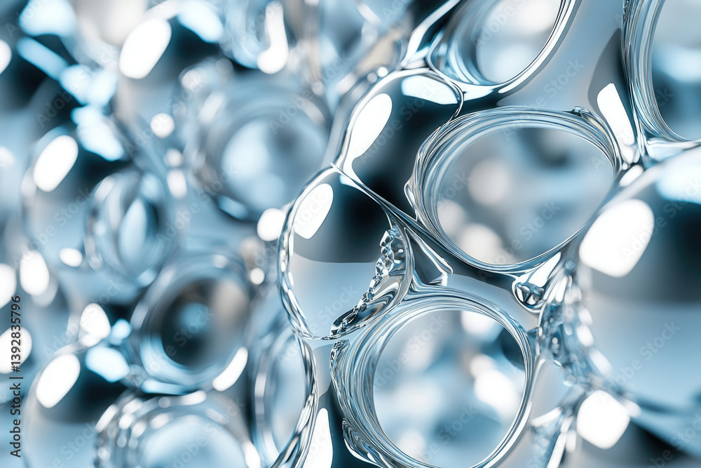 Aufkleber Abstract close-up showcasing interlocking, shiny, and transparent spheres with reflective surfaces, creating an illusion of depth and intriguing visual texture.