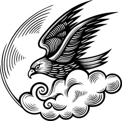 Artistic eagle soars above clouds in black and white illustration