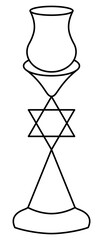 Candlestick on a high stand. The candle form is decorated with the Star of David. Sketch. Vector illustration. Outline on an isolated background. Coloring for children. Religious attribute for a wax
