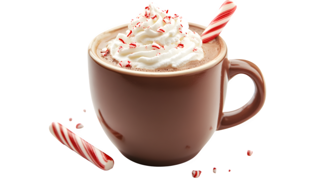 Festive mug of hot cocoa topped with whipped cream, candy cane garnish,
