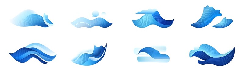 Obraz premium Vector logo set of ocean waves, simple shapes and lines, blue color on a white background