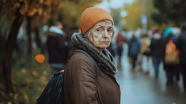 waiting in a long line with an exhausted and unenthusiastic expression 