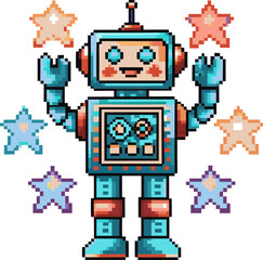 Pixelated robot with stars, retro gaming art, colorful nostalgic design